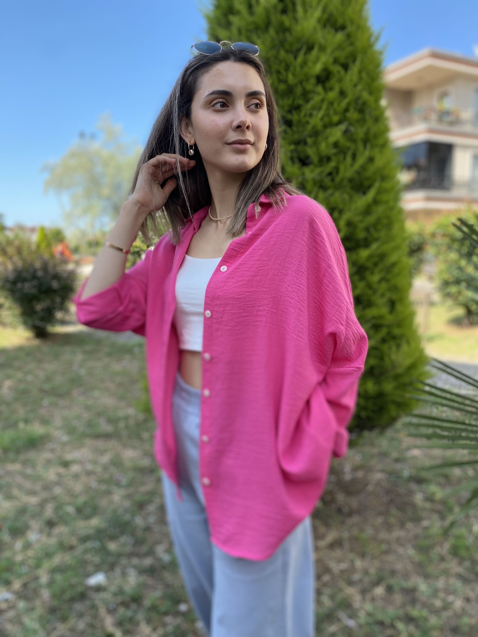 Fuşya Oversize Keten Gömlek - Görsel 2