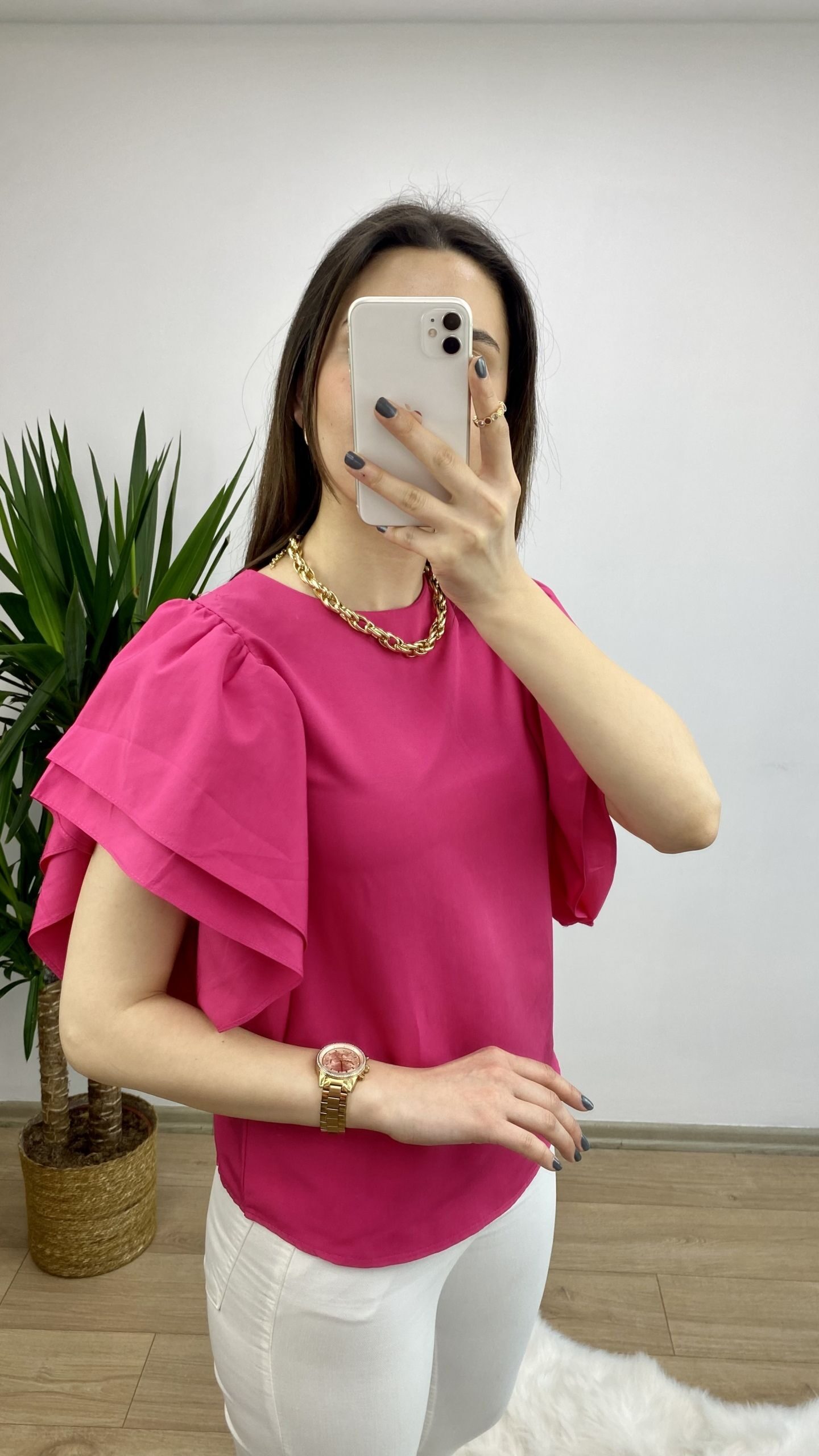 Fuşya Kolları Volanlı Poplin Bluz - Görsel 4