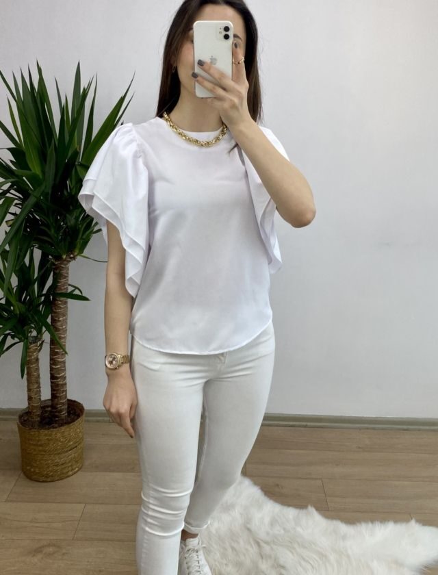Beyaz Kolları Volanlı Poplin Bluz