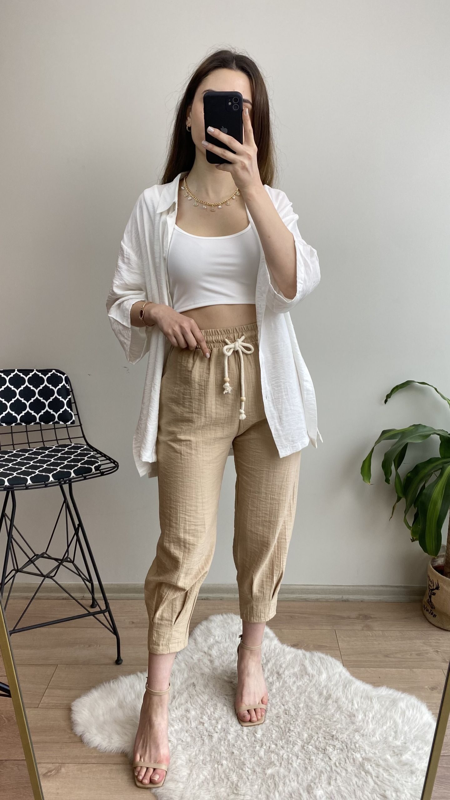 Camel Beli İpli Paça Pensli Pantolon - Görsel 4