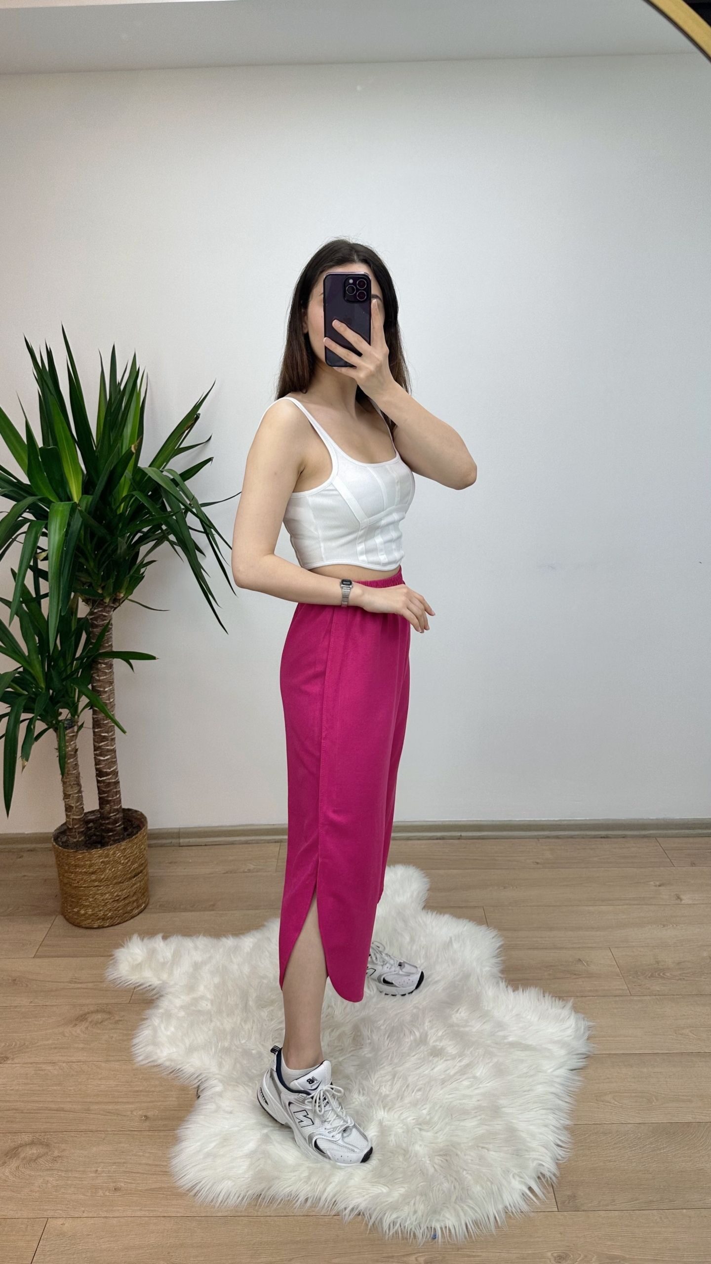 Fuşya Yırtmaçlı Keten Pantolon - Görsel 3