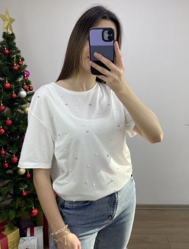 Beyaz Taş Baskılı Tshirt