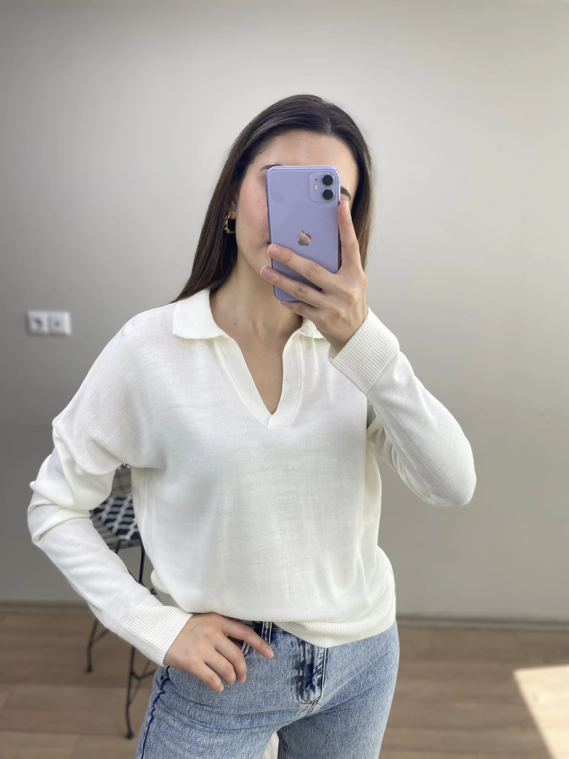 Ekru Polo Yaka İnce Kazak