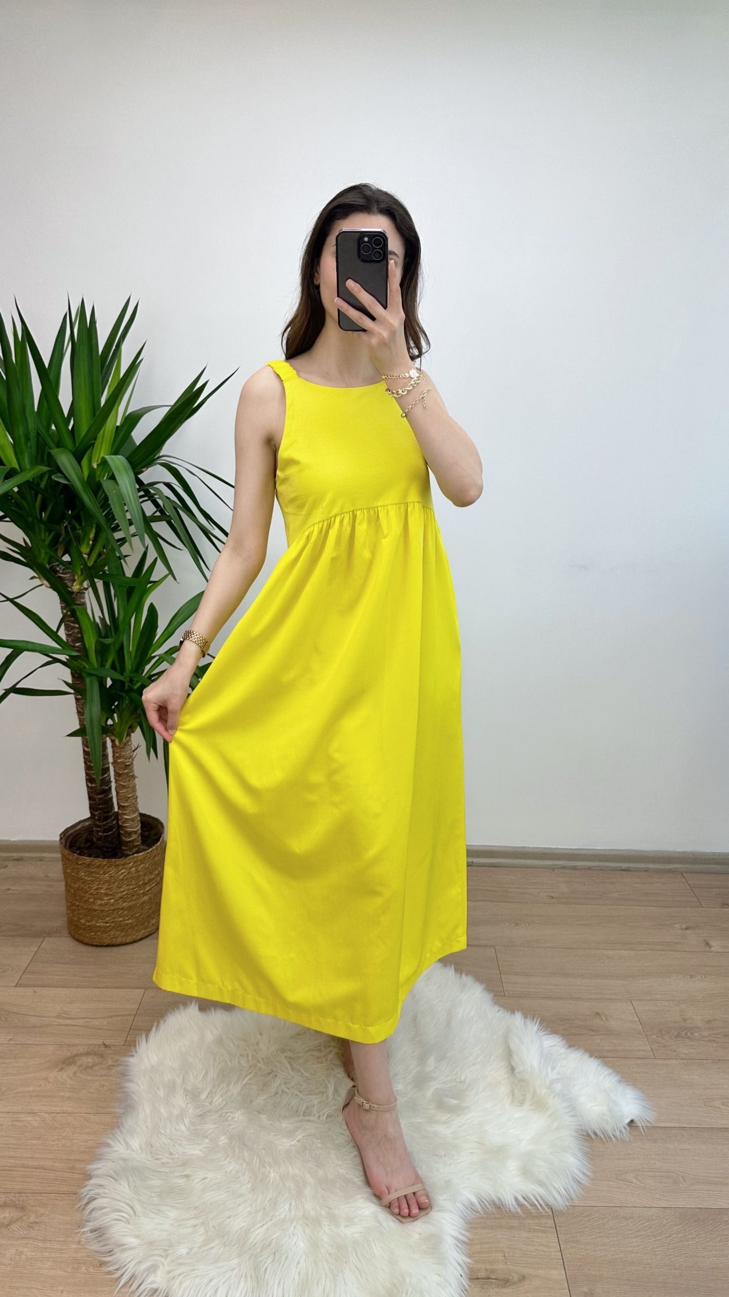 Sari Poplin Etekli Elbise - Görsel 3