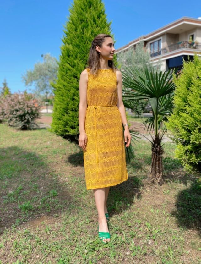 Hardal Kuşaklı File Elbise