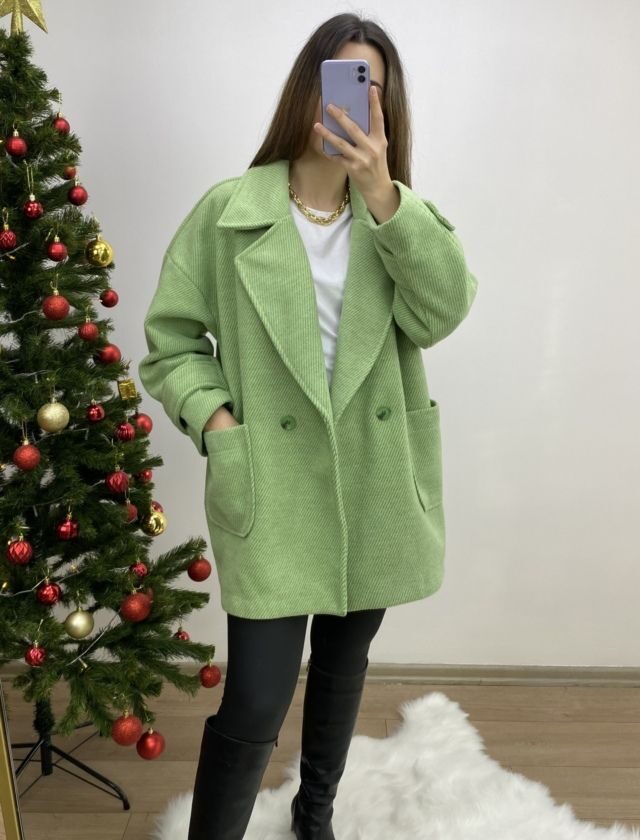 Yeşil Kırçıllı Oversize Kaban