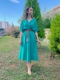 çimen Yeşil Kruvaze Keten Elbise