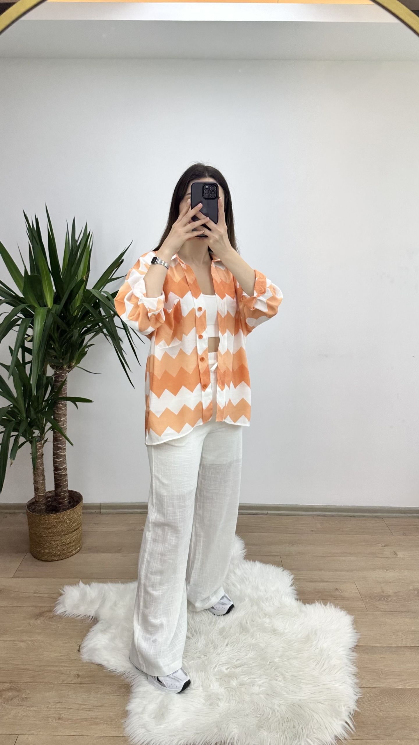 Turuncu Zigzag Desen Oversize Gömlek - Görsel 4
