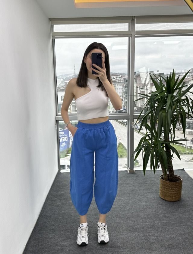 İndigo Gabardin Dikişli Şalvar Pantolon