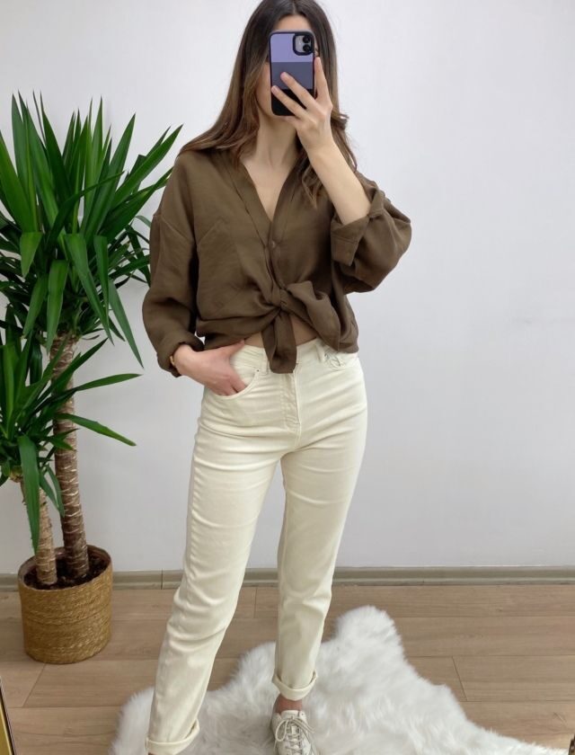 Ekru Zara Likralı Mom Jean