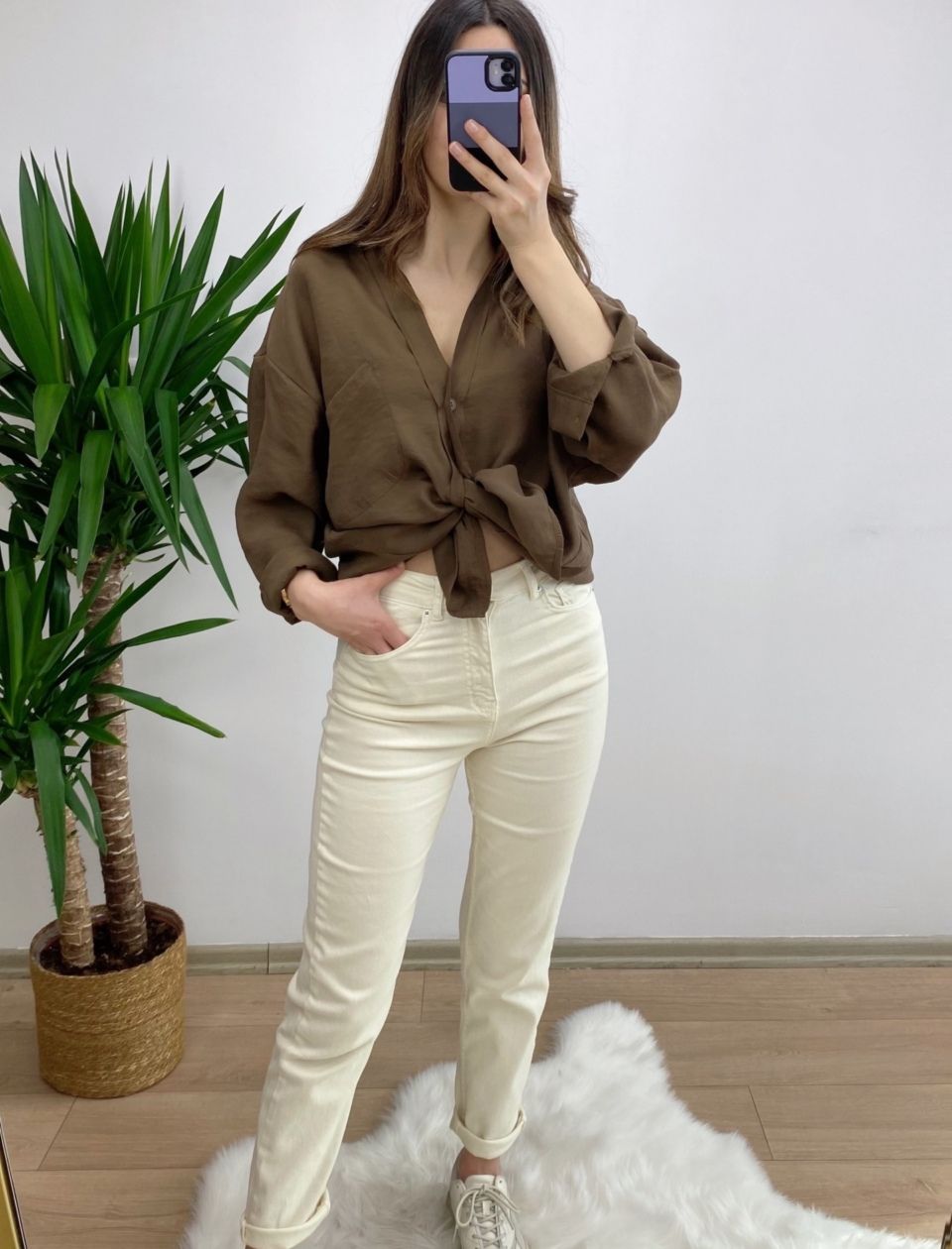 Ekru Zara Likralı Mom Jean