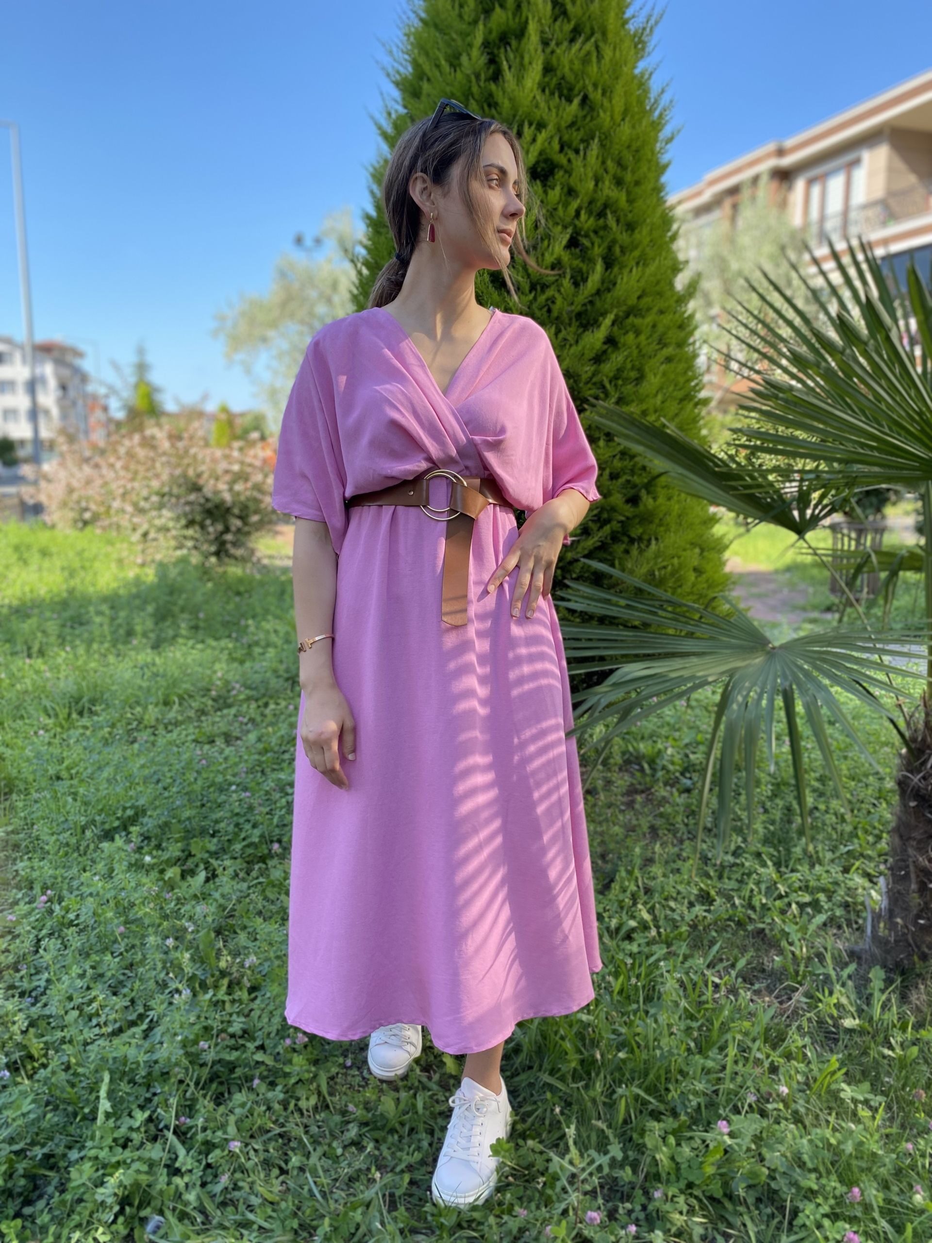 Pembe Kruvaze Keten Elbise - Görsel 6