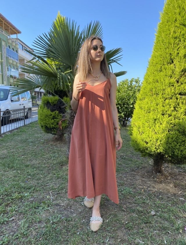 Kiremit İp Askılı Rahat Kalıp Elbise