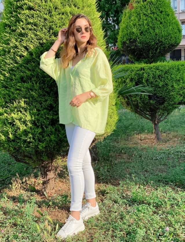 Neon Sarı Düşük Omuz Oversize Gömlek