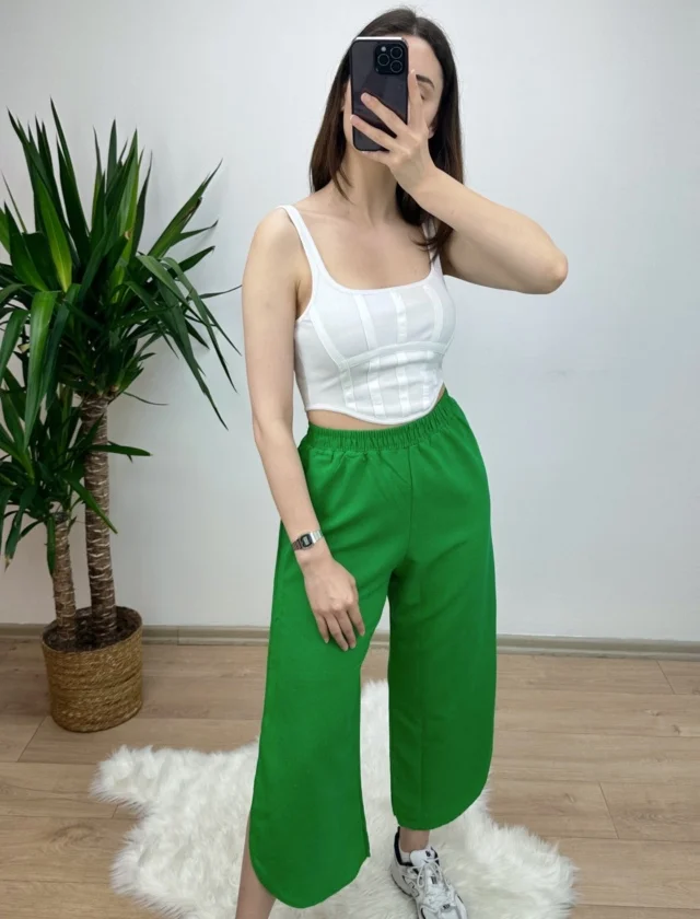Yeşil Yırtmaçlı Keten Pantolon
