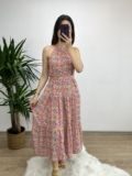 Pembe Çiçek Desen Halter Yaka Elbise