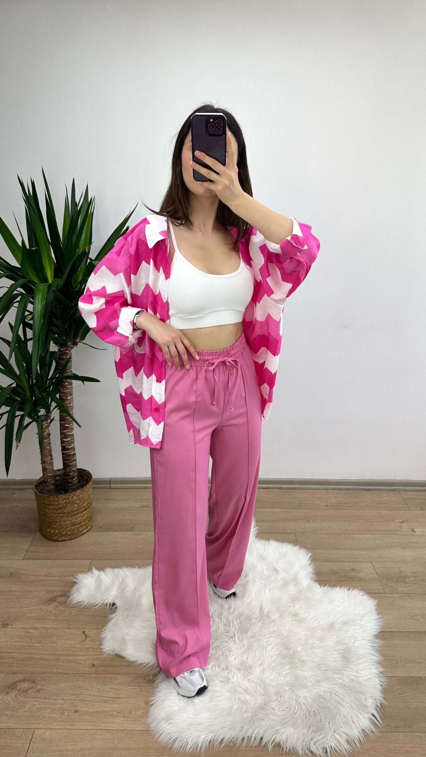Pembe Zigzag Desen Oversize Gömlek - Görsel 5