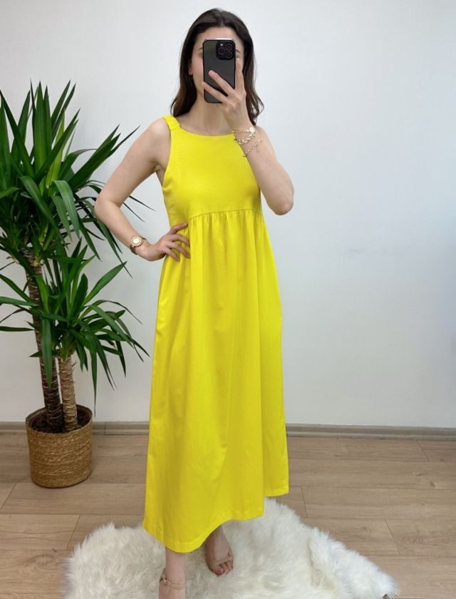 Sari Poplin Etekli Elbise