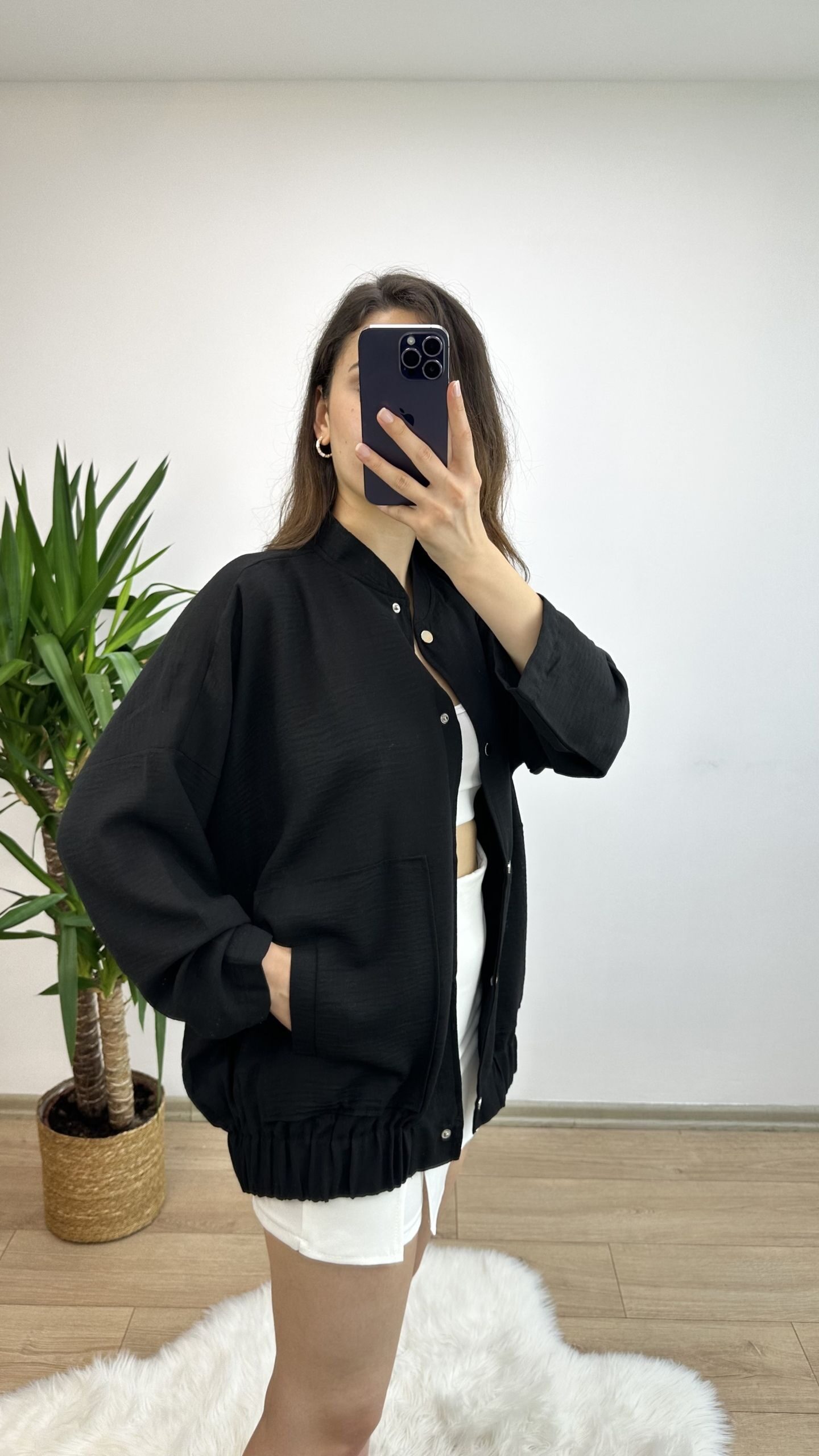 Siyah Keten Bomber Ceket - Görsel 3