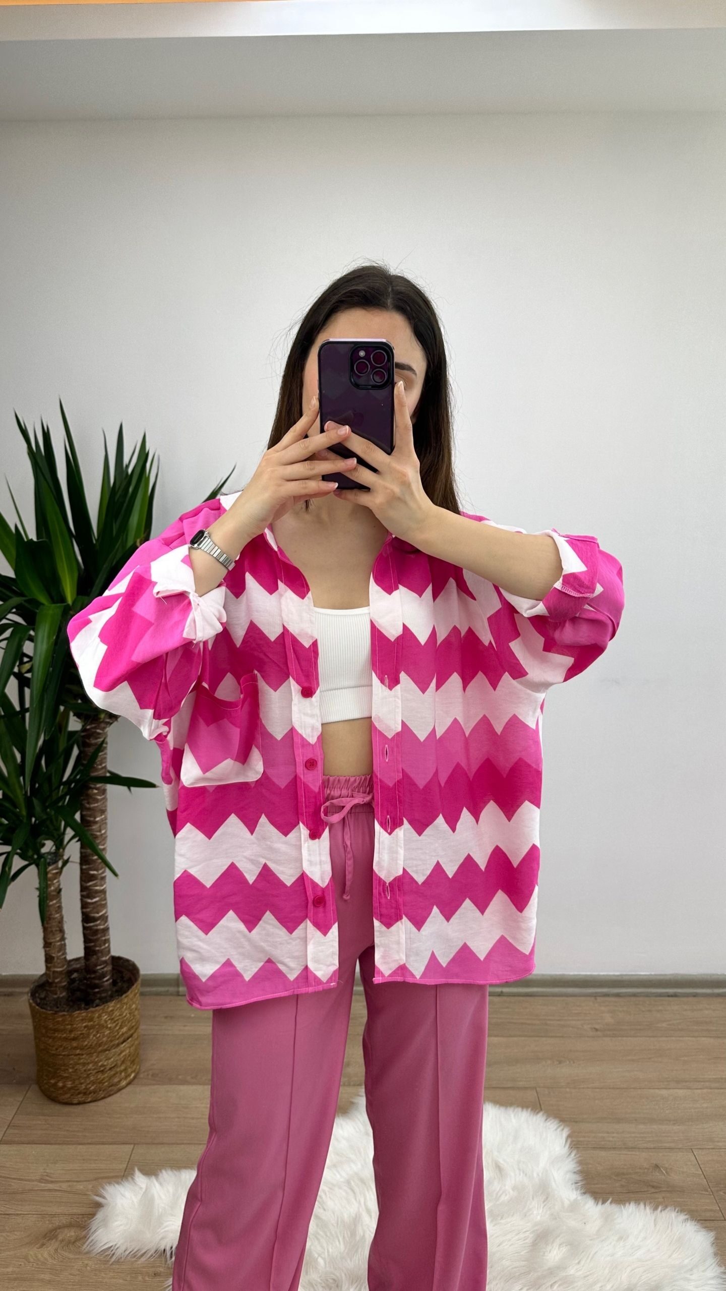 Pembe Zigzag Desen Oversize Gömlek