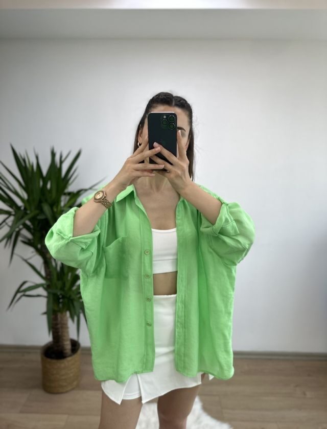 Yeşil Düşük Omuz Oversize Gömlek