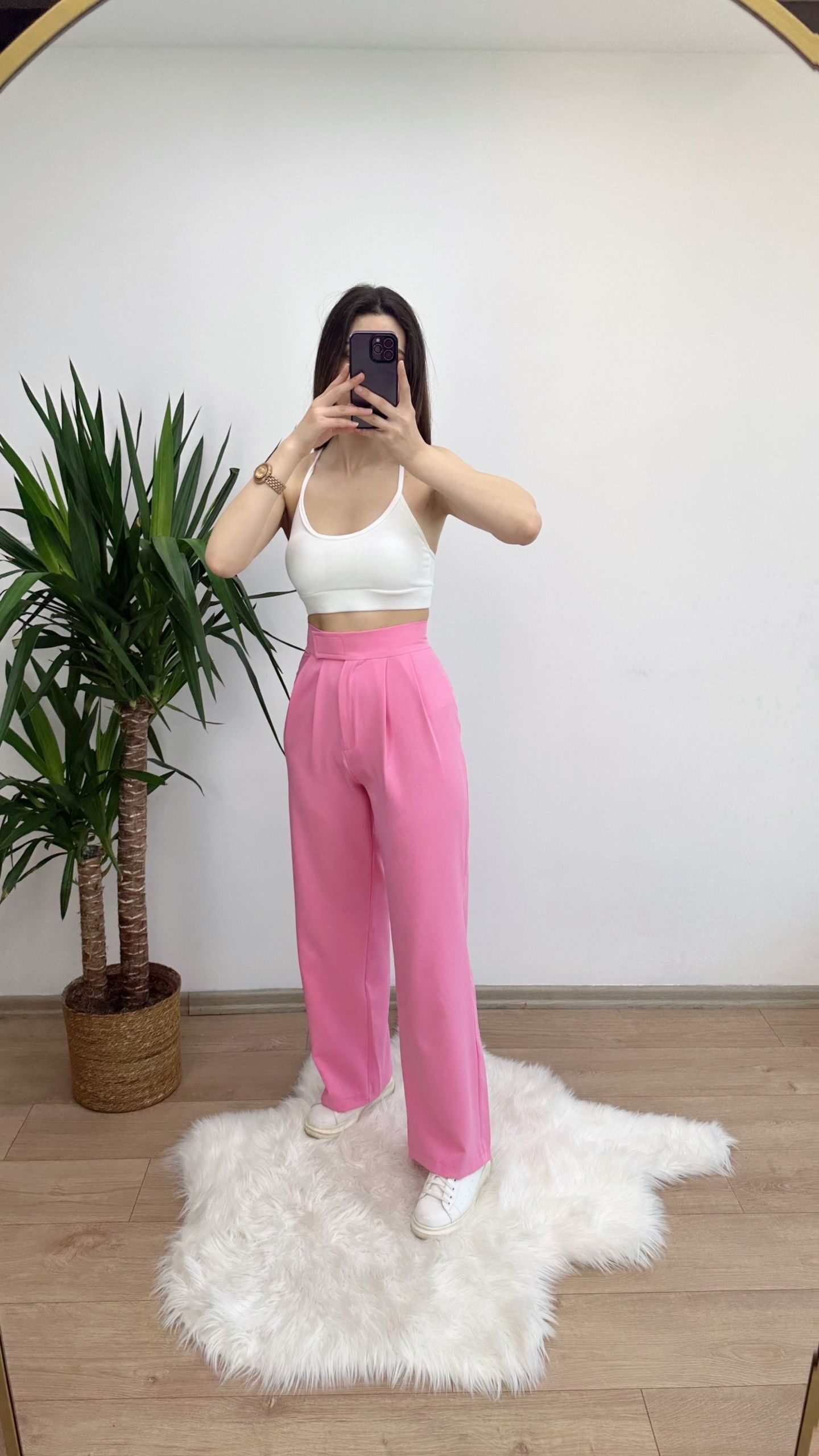 Pembe Beli Cırtlı Palazzo Pantolon - Görsel 2