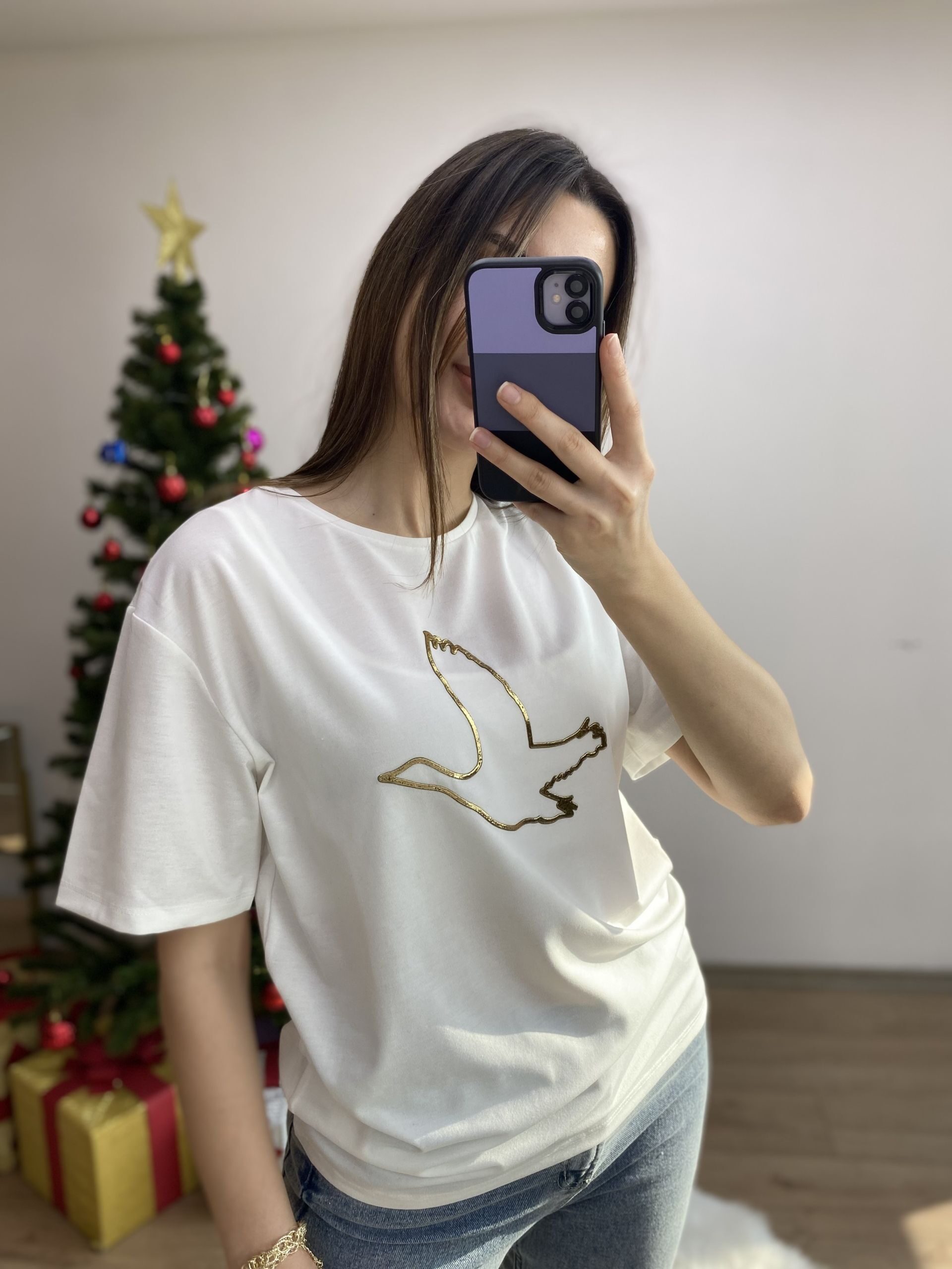 Beyaz Kuş Baskılı Tshirt - Görsel 3