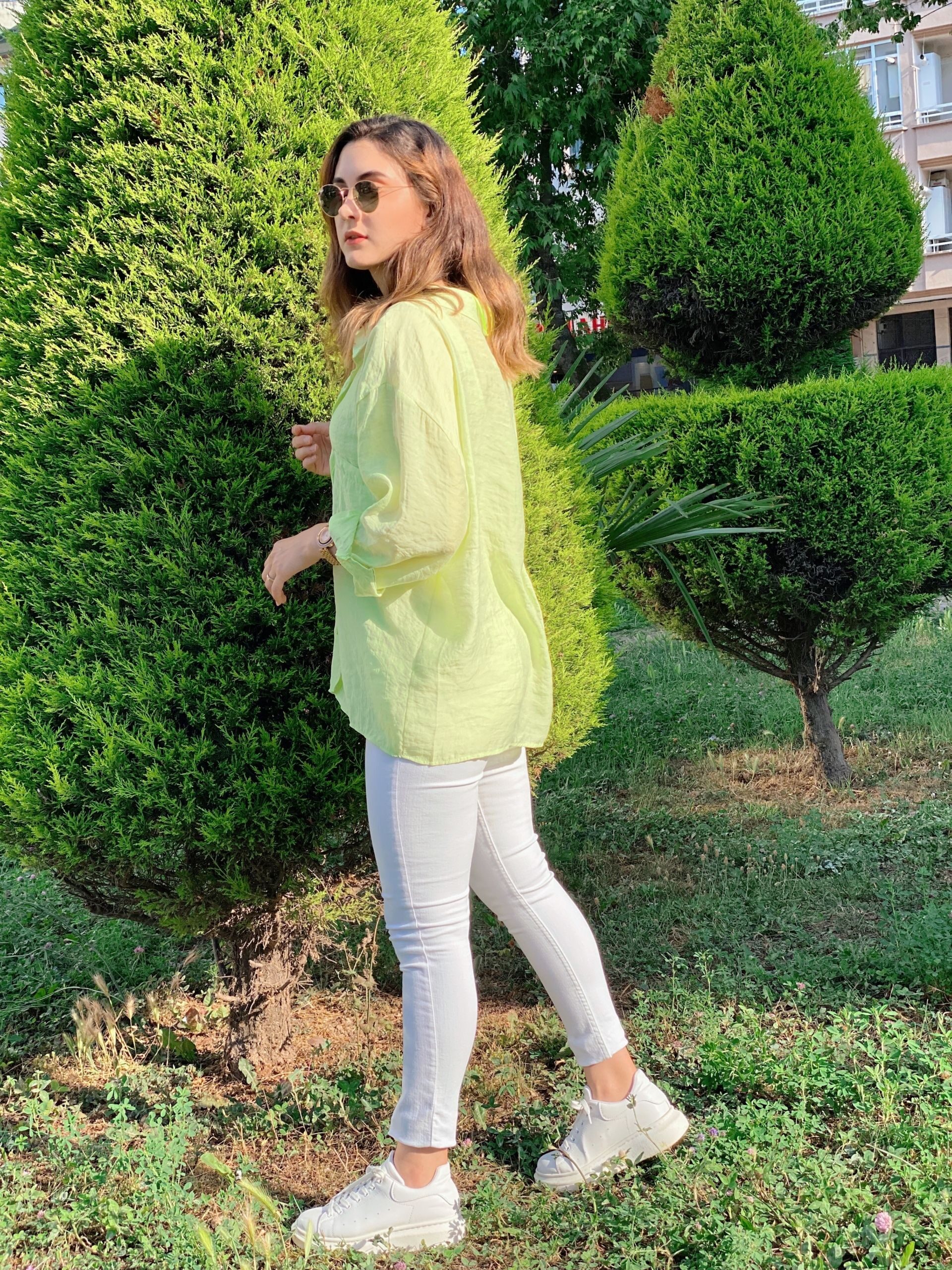 Neon Sarı Düşük Omuz Oversize Gömlek - Görsel 5