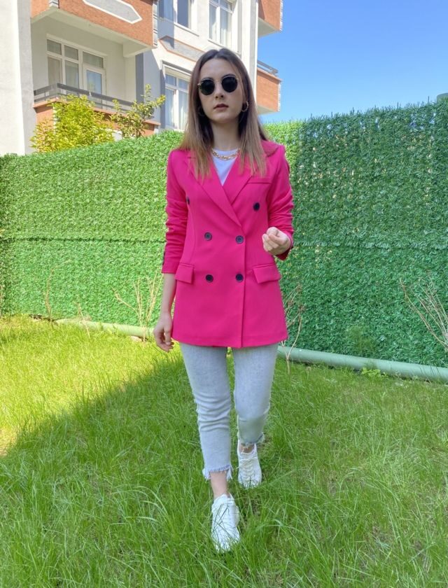 Fuşya Çift Düğme Blazer Ceket