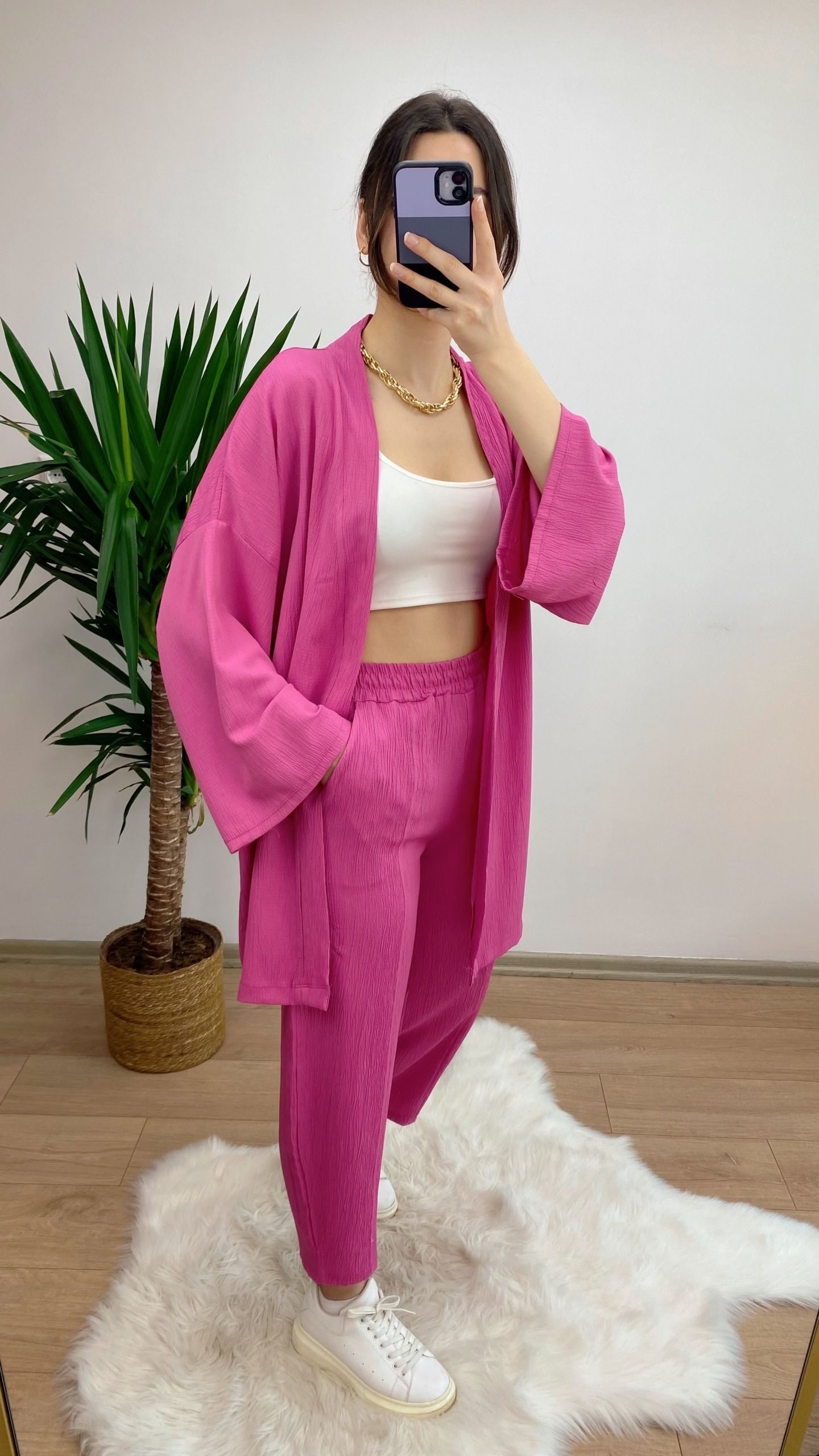 Pembe Gofre Kumaş Takım