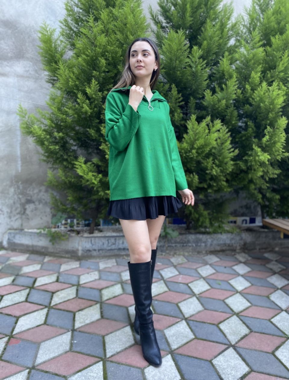 Yeşil kamyoner yaka kazak