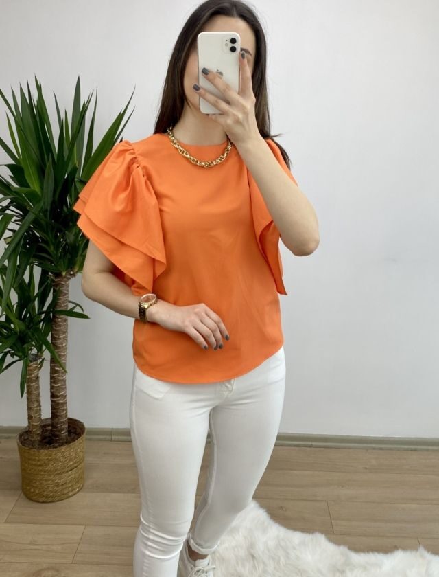 Turuncu Kolları Volanlı Poplin Bluz