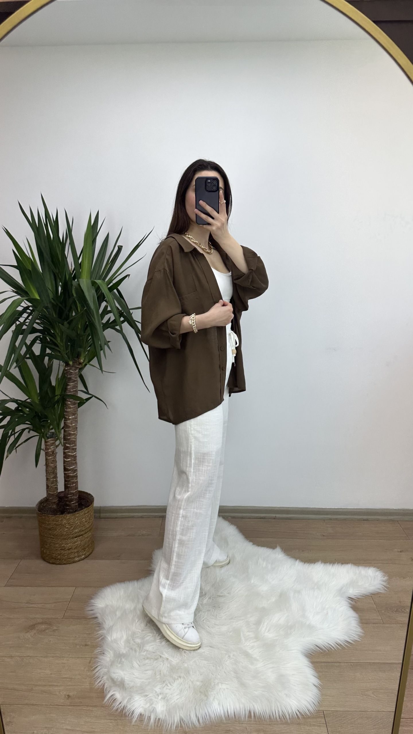 Kahve Düşük Omuz Oversize Gömlek - Görsel 4