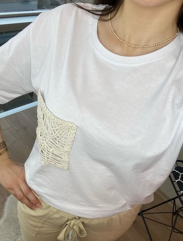 Beyaz Örme Cep Tshirt