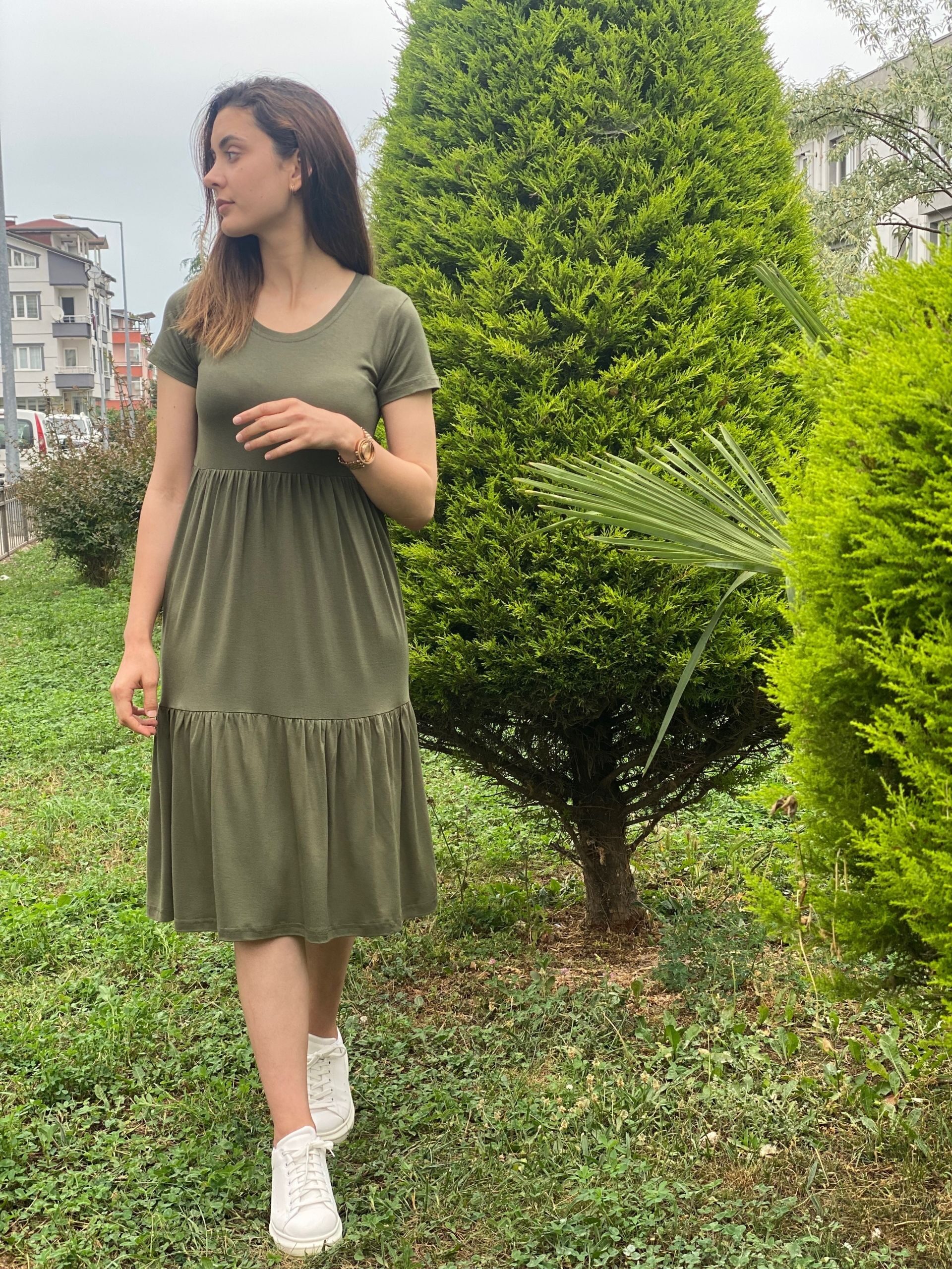 Haki Yeşil Bisiklet Yaka Penye Elbise - Görsel 4