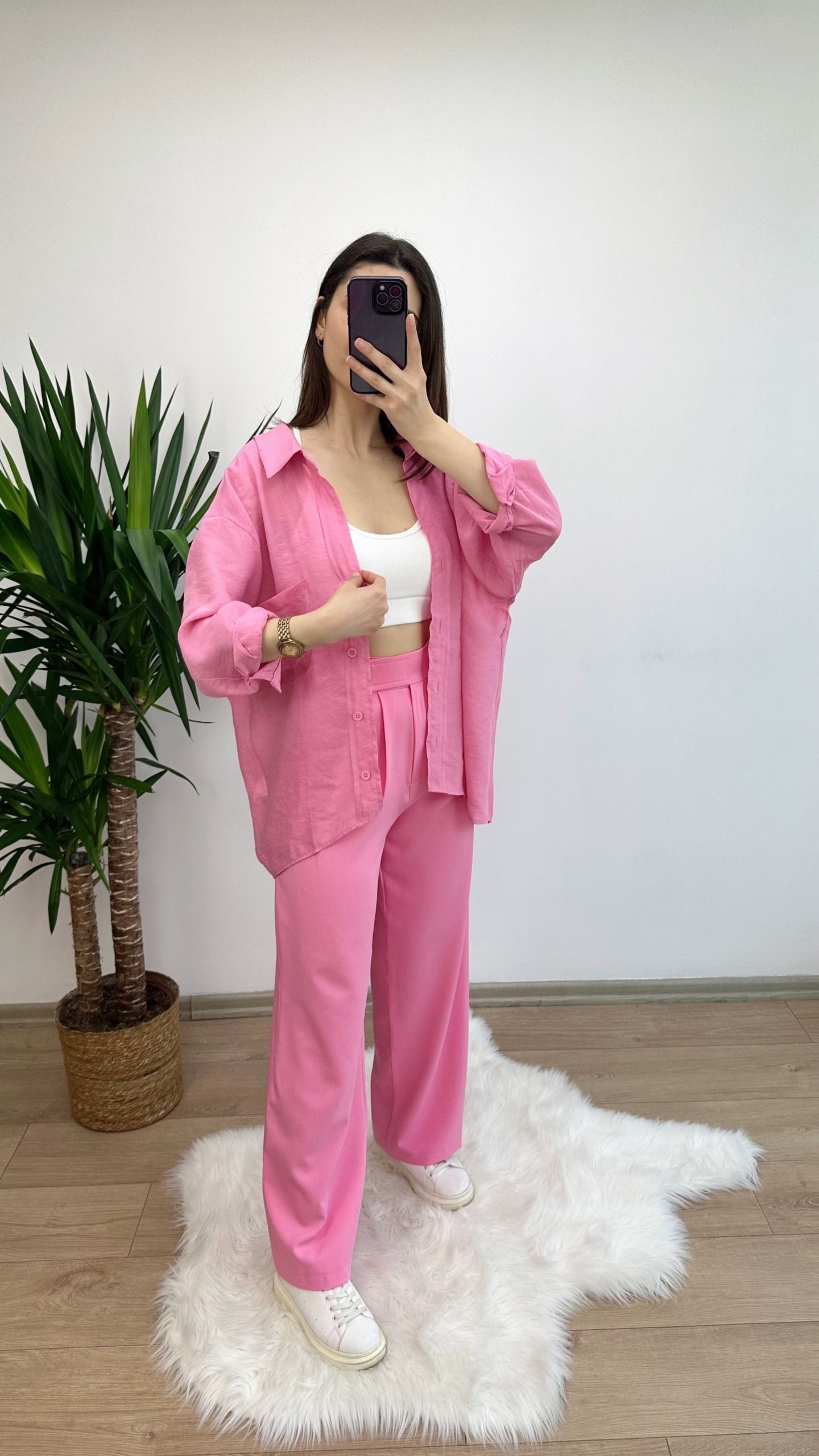 Pembe Düşük Omuz Oversize Gömlek - Görsel 2