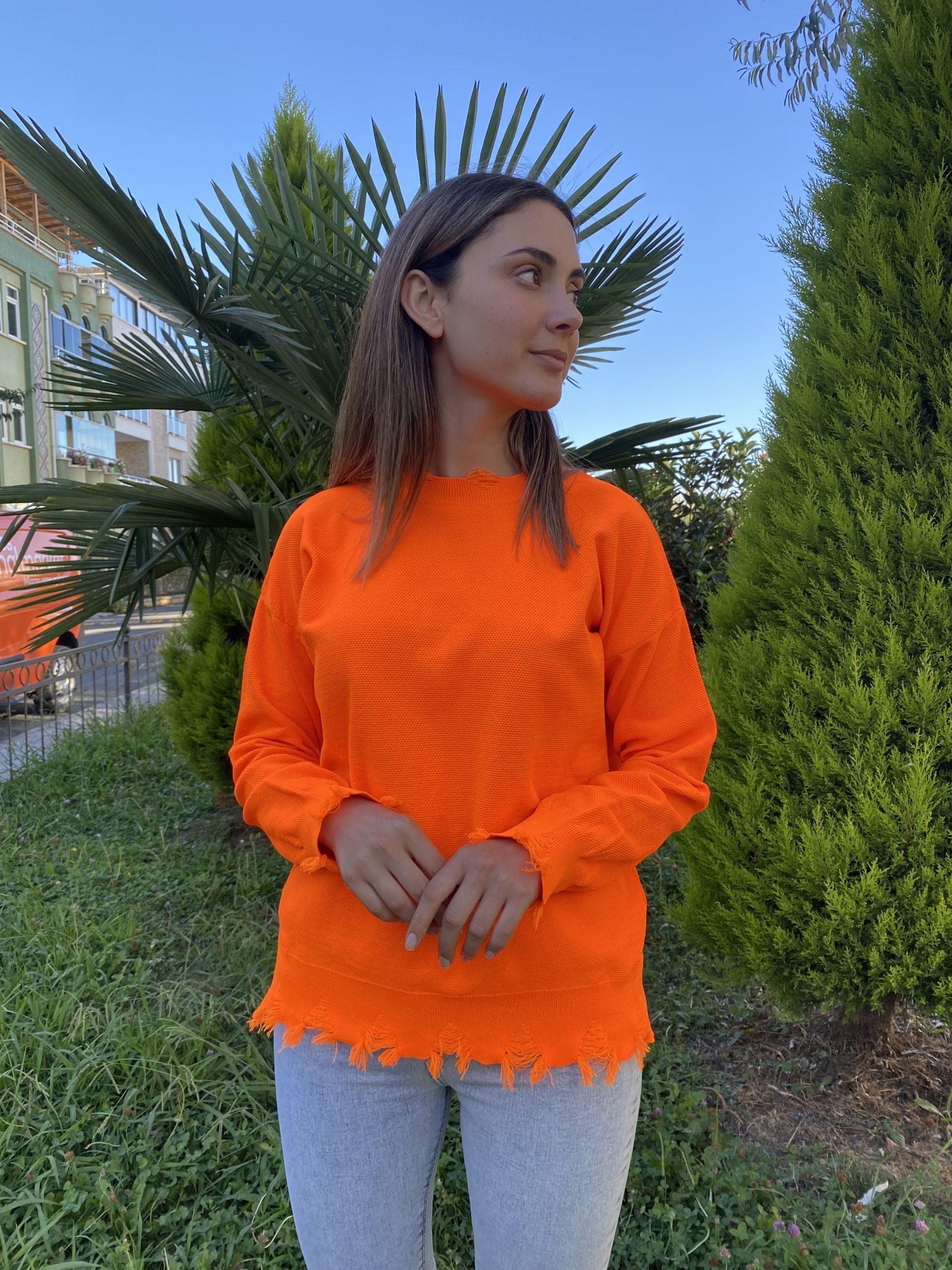 Turuncu Dikiş Detay Kazak - Görsel 3