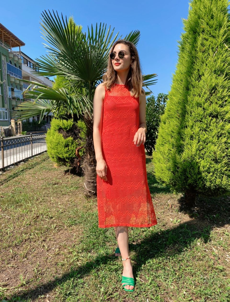 Nar Çiçeği Kuşaklı File Elbise - Görsel 6