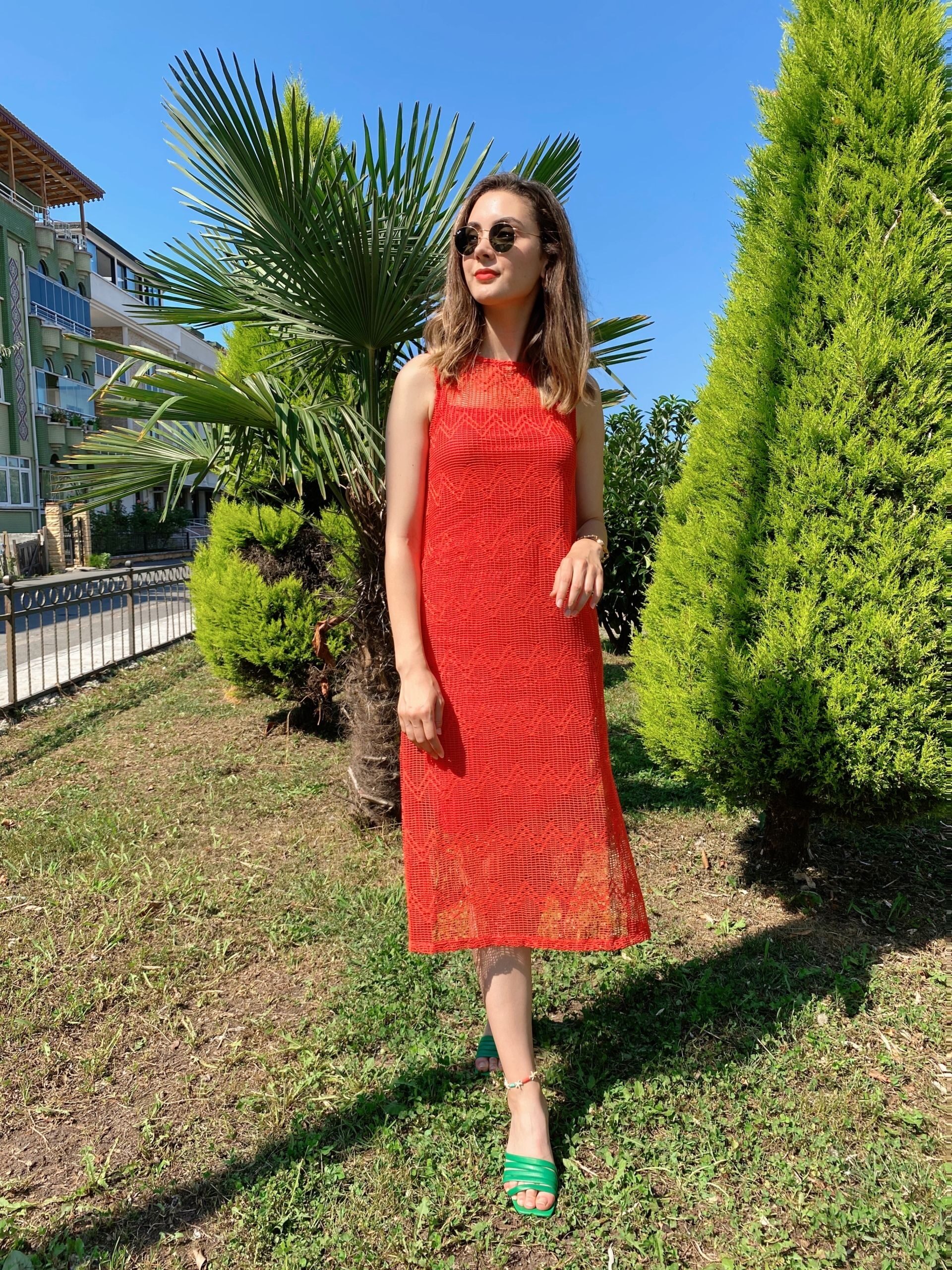Nar Çiçeği Kuşaklı File Elbise - Görsel 6