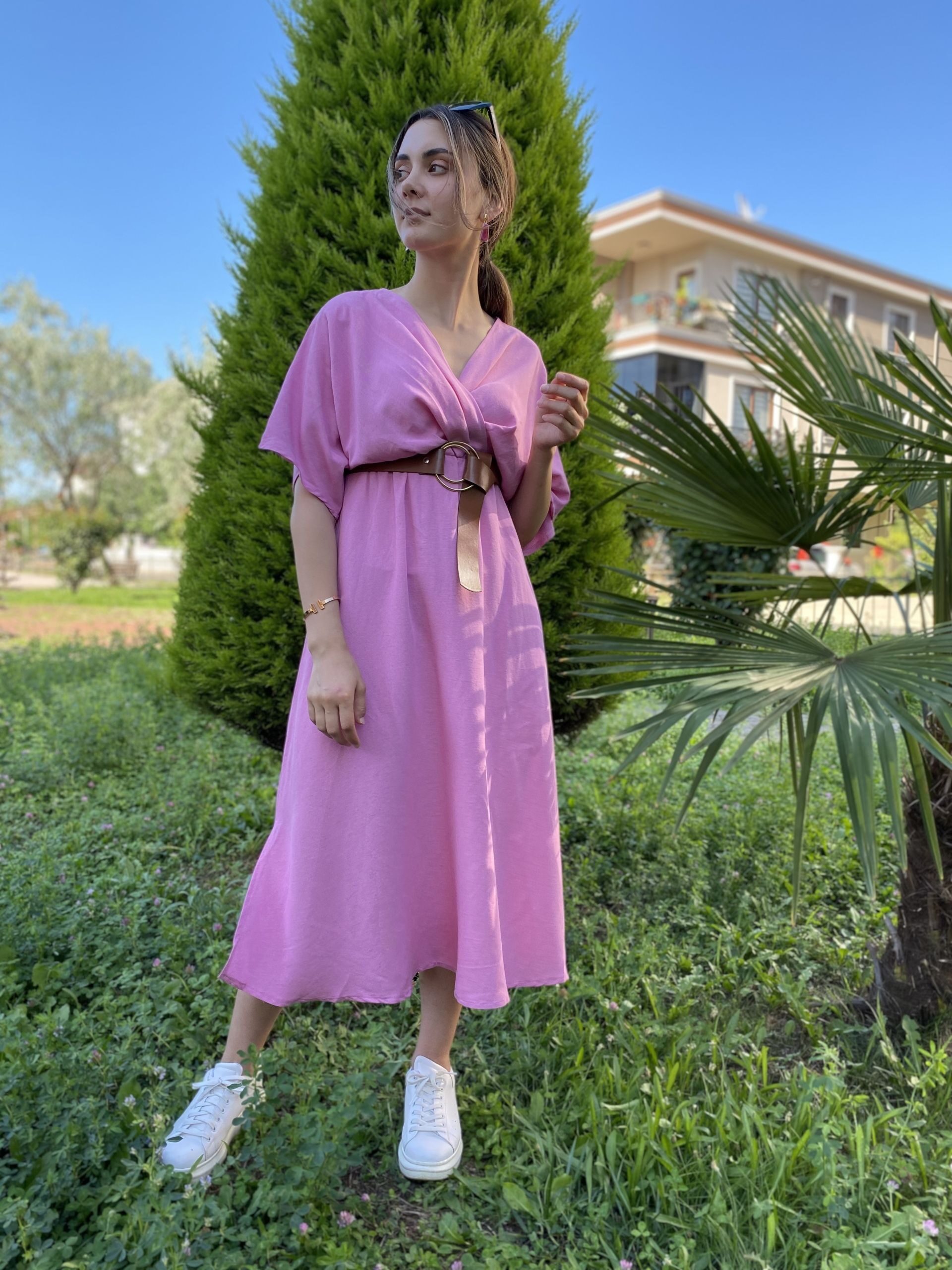 Pembe Kruvaze Keten Elbise - Görsel 4