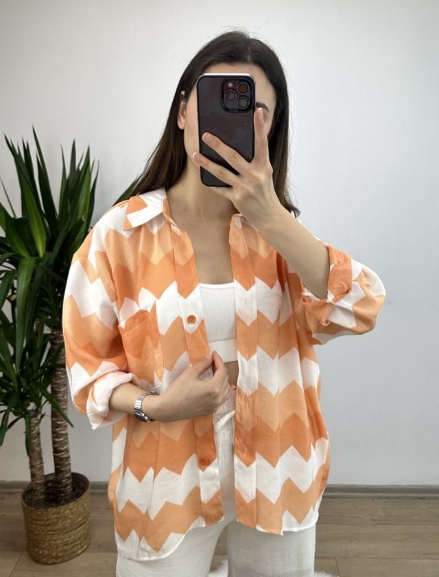 Turuncu Zigzag Desen Oversize Gömlek