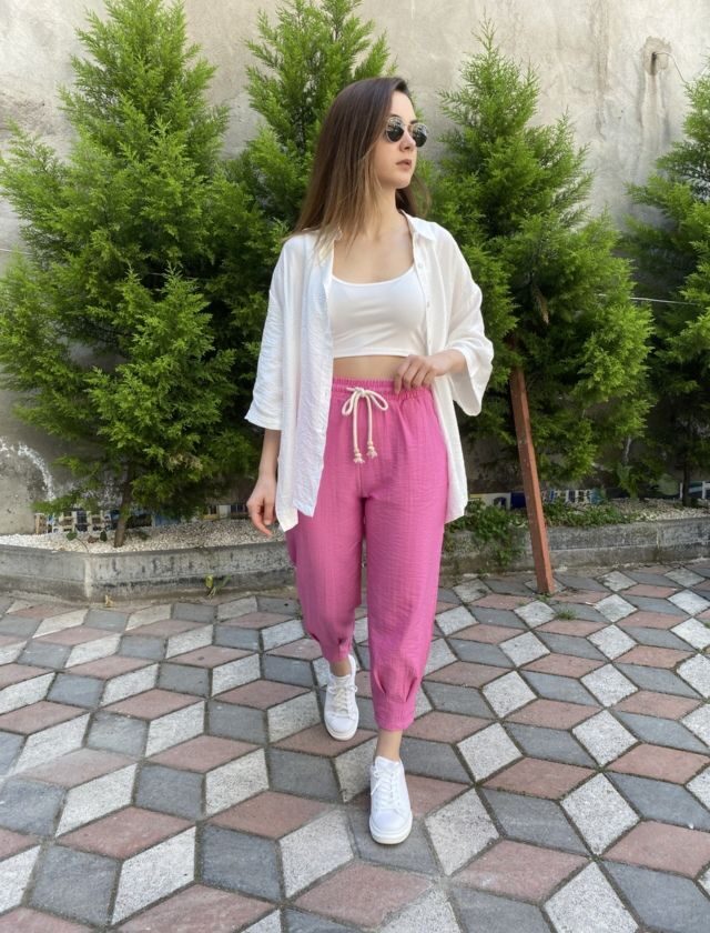 Pembe beli ipli paça Pensli pantolon