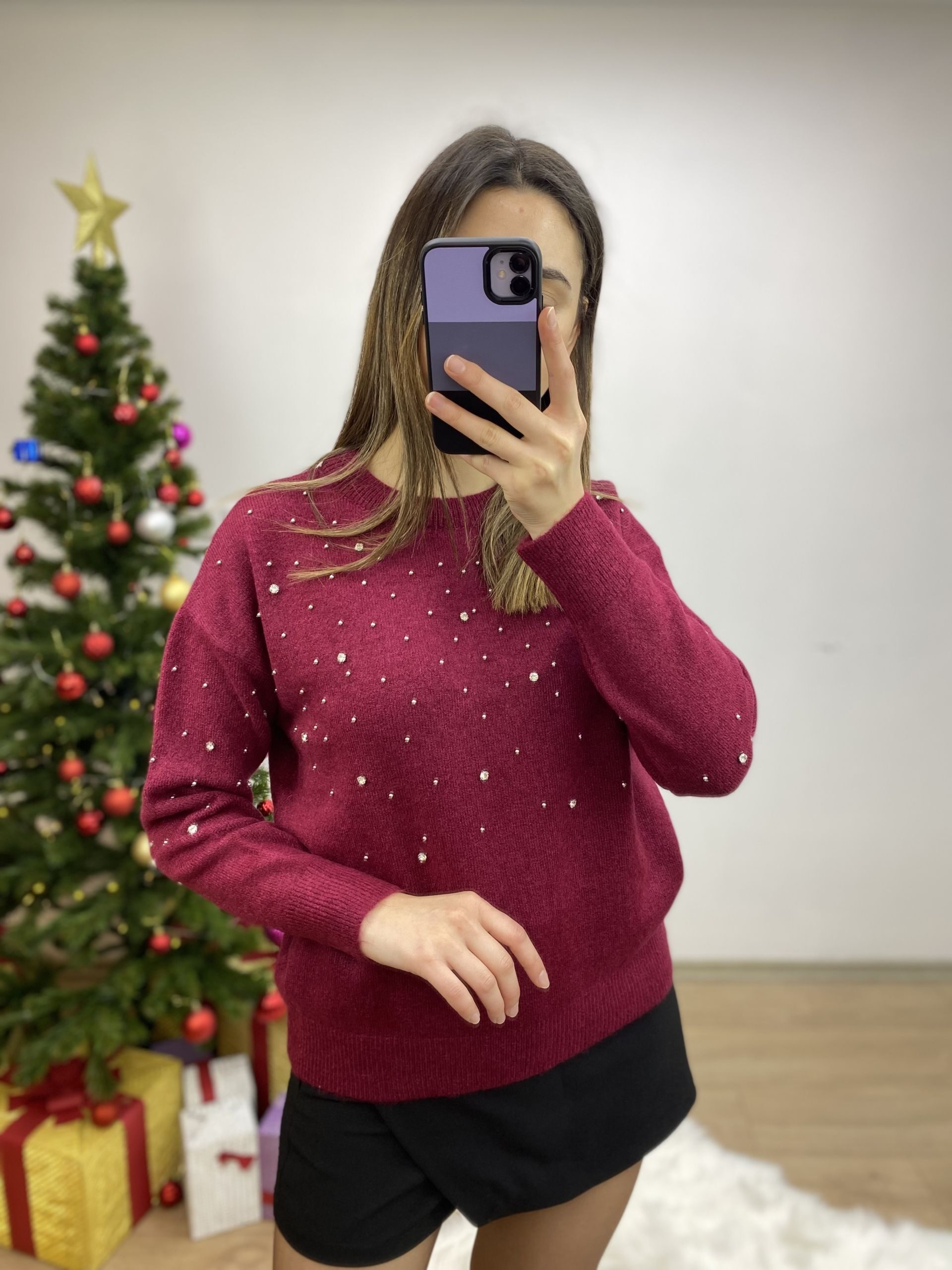 Bordo Taşlı Premium Kazak