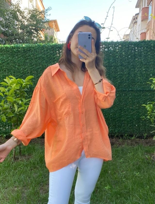 Turuncu Düşük Omuz Oversize Gömlek