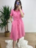 Pembe Gömlek Yaka Beli Büzgülü Tensel Elbise