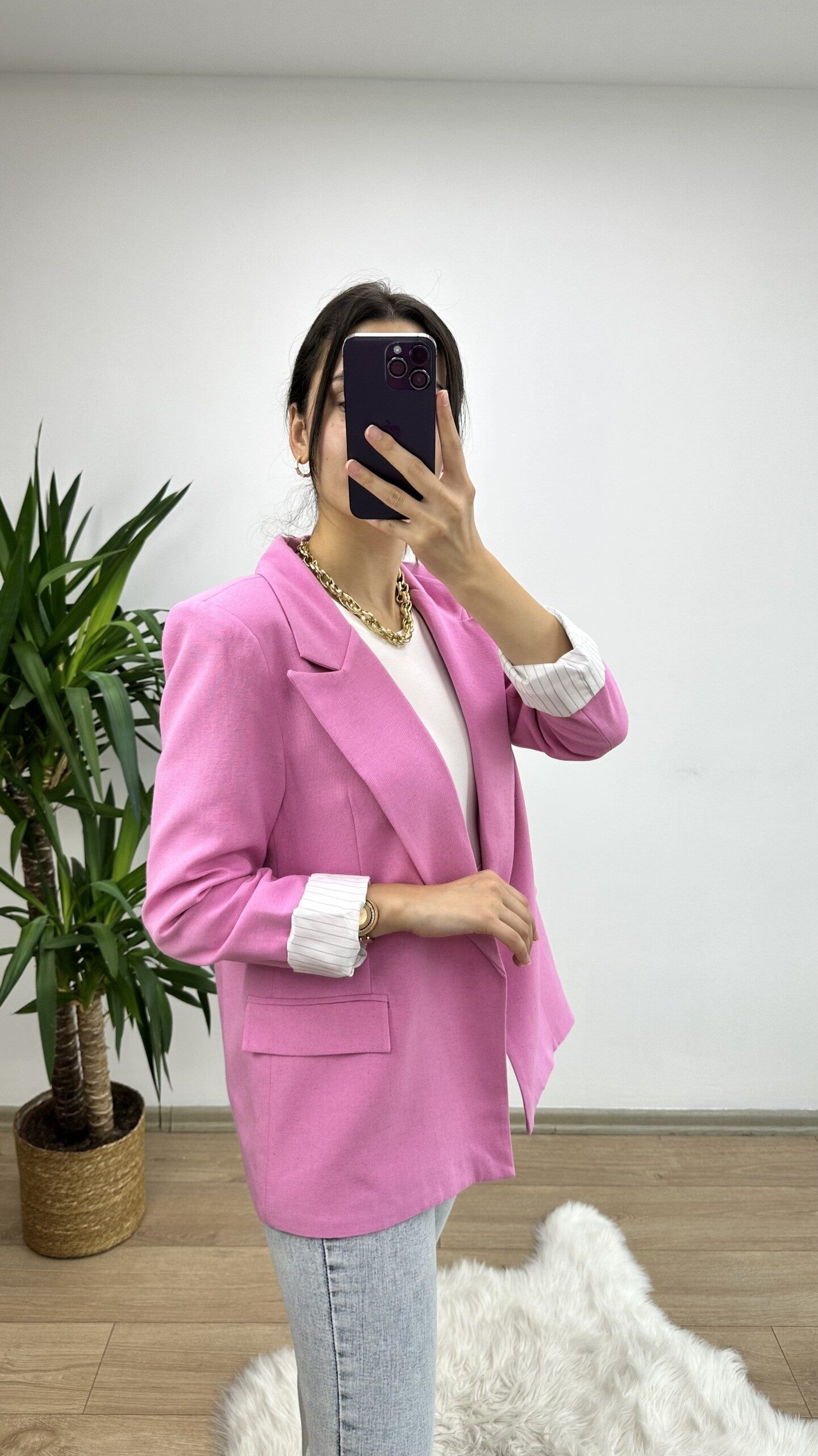 Pembe Keten Blazer Ceket - Görsel 4