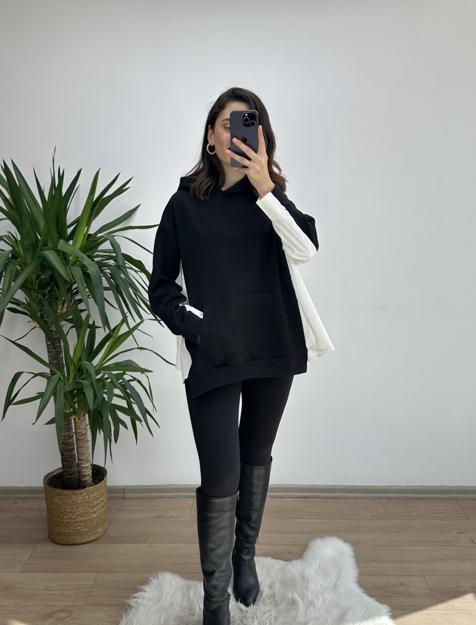 Siyah Gömlek Detay Oversize Sweat