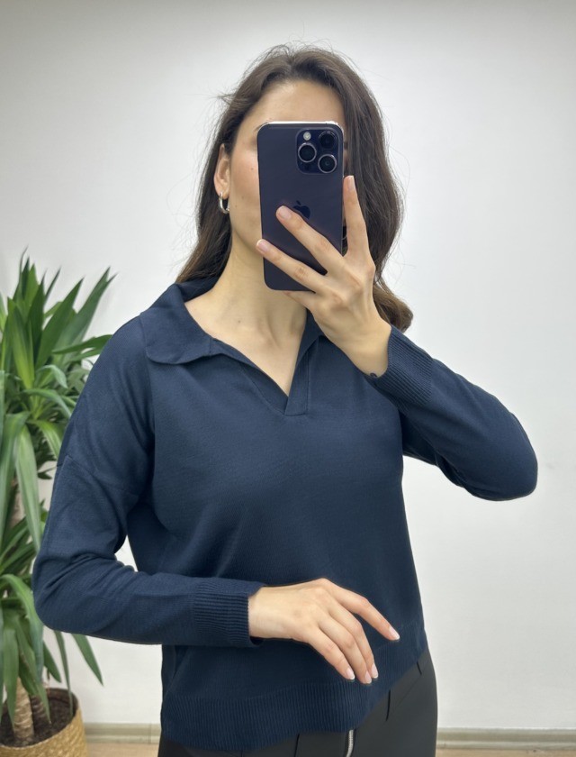 Lacivert Polo Yaka İnce Kazak
