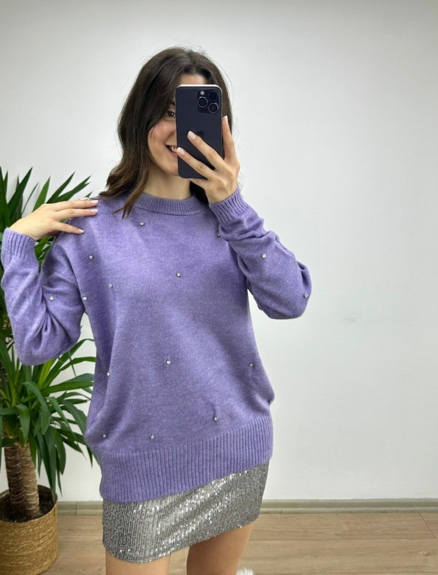 Lila Taşlı Premium Triko Kazak