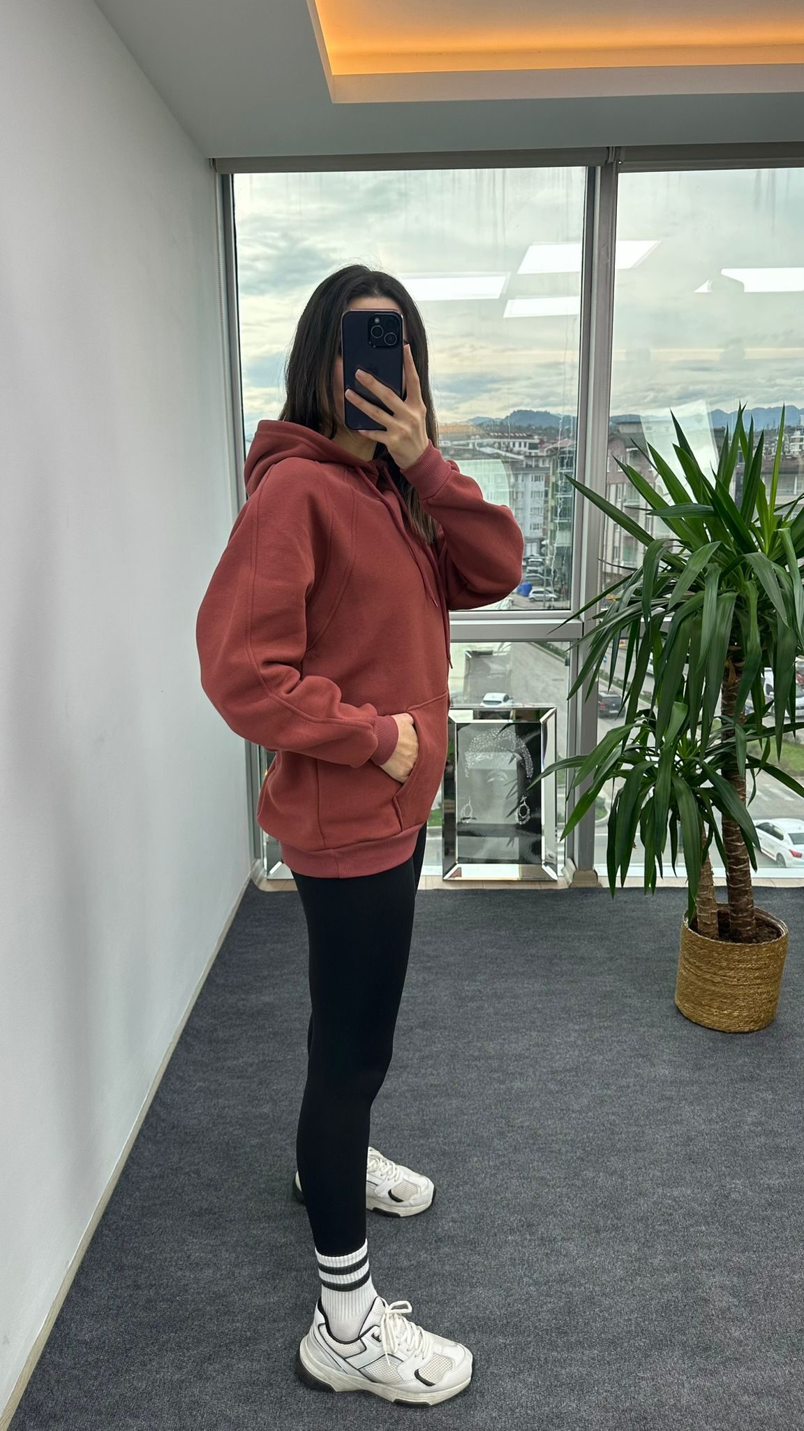 Kiremit Dikişli Kapşonlu Sweat - Görsel 3